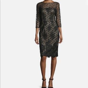 David Meister Black Dot Embroidered Sheer Illusion Dress Sz 2